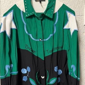 Maje Green and Black Embroidered Shirt with Star Accents